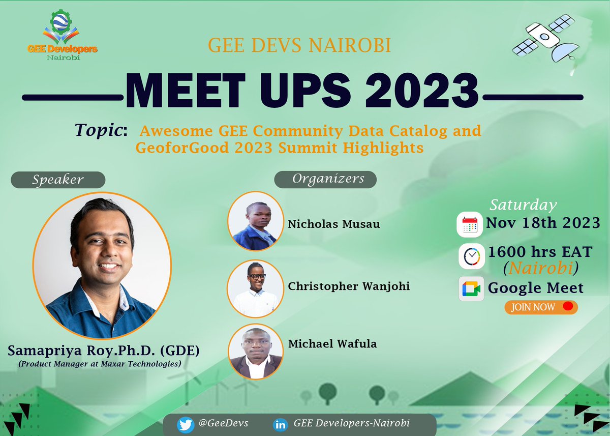 Learn with us <a href="/GeeDevs/">Google Earth Engine Nairobi.</a> the #GeoforGood23 #Summit announcements. <a href="/samapriyaroy/">Samapriya Roy, PhD.</a> will share about awesome-gee community data catalog and  @EarthEngine highlights from
<a href="/rebeccatmoore/">Rebecca Moore</a> <a href="/giswqs/">Qiusheng Wu</a> will also be shared.
<a href="/googleearth/">Google Earth</a>
<a href="/NASAEarth/">NASA Earth</a>
<a href="/EarthOutreach/">Google Earth Outreach</a>
Link lnkd.in/dtWJpYHE.