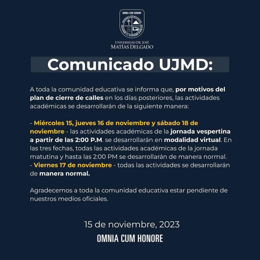 📌 Información importante sobre las disposiciones de las actividades académicas para los días miércoles 15, jueves 16 y sábado 18 de noviembre. 

Agrademos estar pendiente de nuestros medios oficiales.