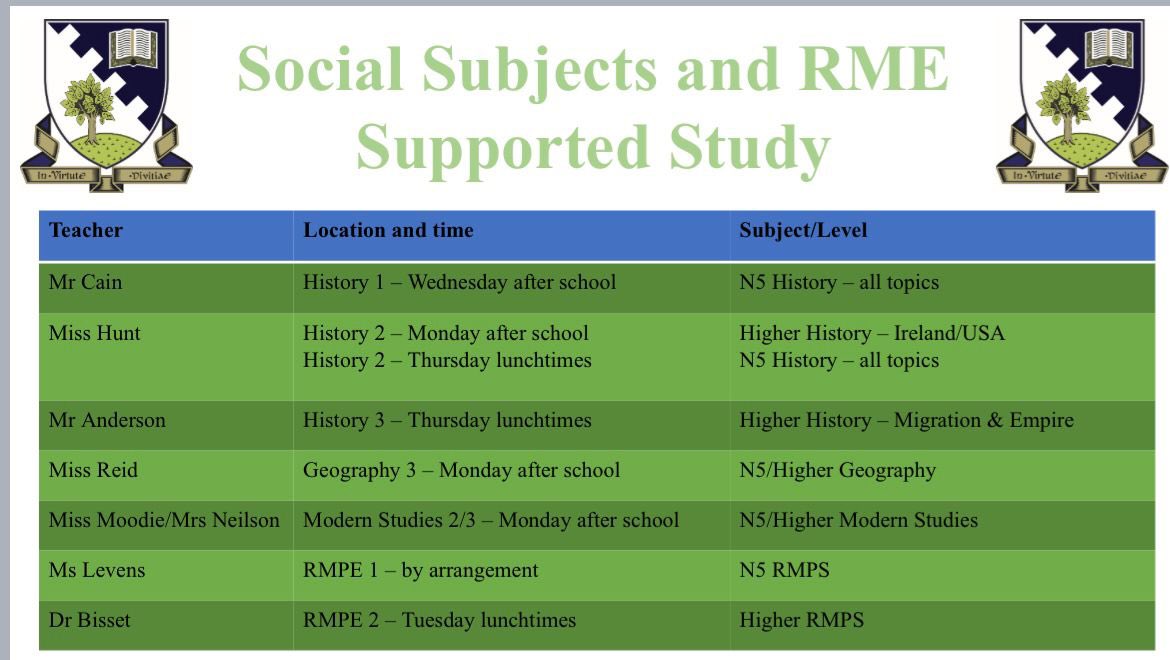 Social Subjects and RME study support timetable for our National 5 and Higher pupils this session @Grove_Academy @pcgroveacademy #grovefamily 💙🌳📖