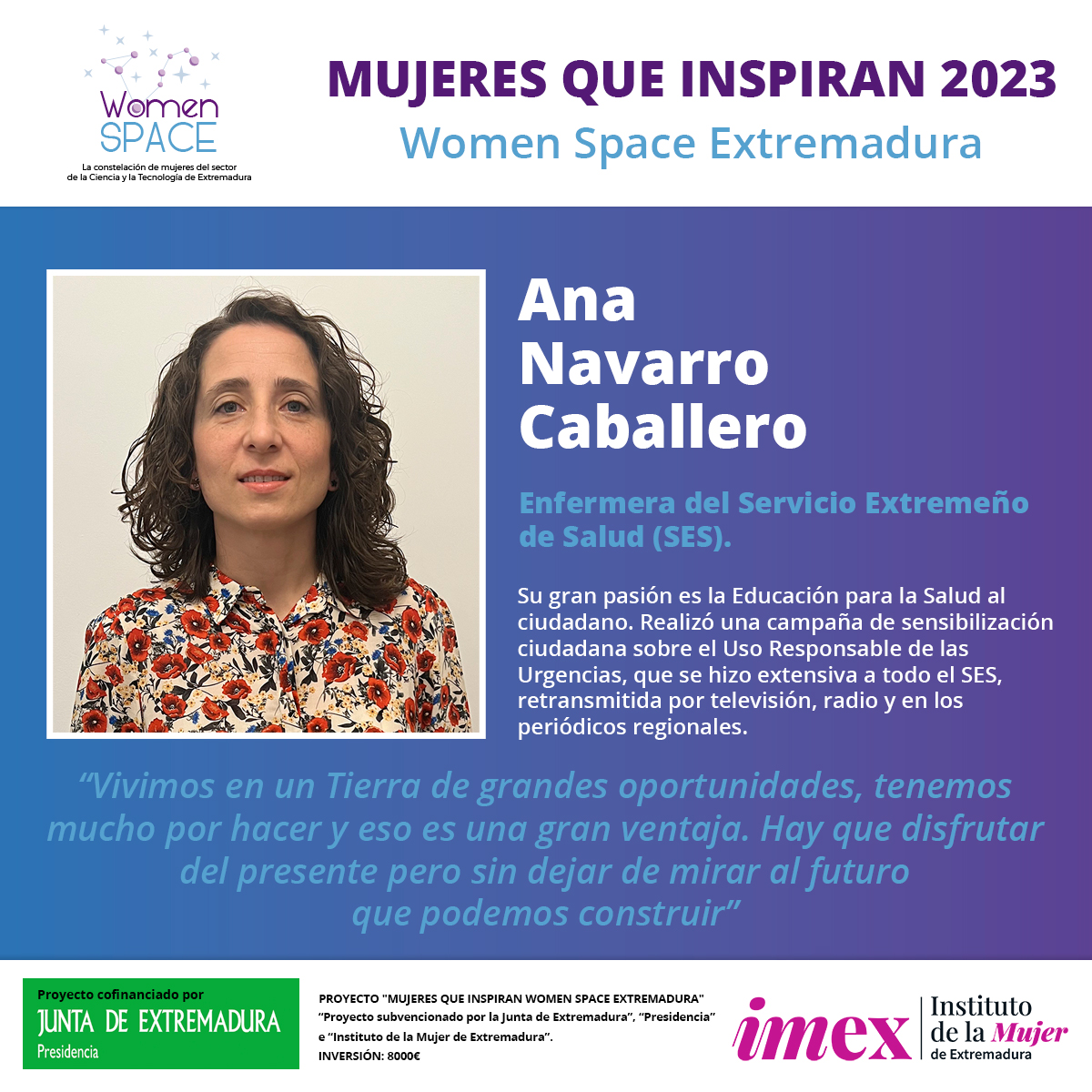 💫𝐌𝐔𝐉𝐄𝐑𝐄𝐒 𝐐𝐔𝐄 𝐈𝐍𝐒𝐏𝐈𝐑𝐀𝐍 𝟐𝟎𝟐𝟑 💫

Os presentamos a 𝐀𝐧𝐚 𝐍𝐚𝐯𝐚𝐫𝐫𝐨 𝐂𝐚𝐛𝐚𝐥𝐥𝐞𝐫𝐨, enfermera del Servicio Extremeño de Salud (SES), aunque su gran pasión es la Educación para la Salud al ciudadano 👉 womenspace.es/2023/11/02/ana…

#MujeresqueinspiranWS