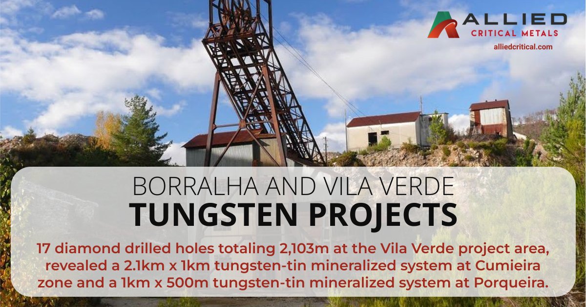 17 diamond drilled holes totaling 2,103m at the Vila Verde project area, revealed a 2.1km x 1km tungsten-tin mineralized system at Cumieira zone and a 1km x 500m tungsten-tin mineralized system at Porqueira.

Learn More: alliedcritical.com/allied-critica…

#tungsten #portugal #mining #tin