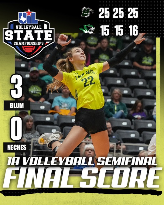 CONFERENCE 1A #UILState VOLLEYBALL 𝙎𝙀𝙈𝙄𝙁𝙄𝙉𝘼𝙇 FINAL SCORE:

<a href="/blum_vball/">Blum Volleyball</a> 3️⃣
Neches 0️⃣
 
Box Score ➡️ bit.ly/47APFAG