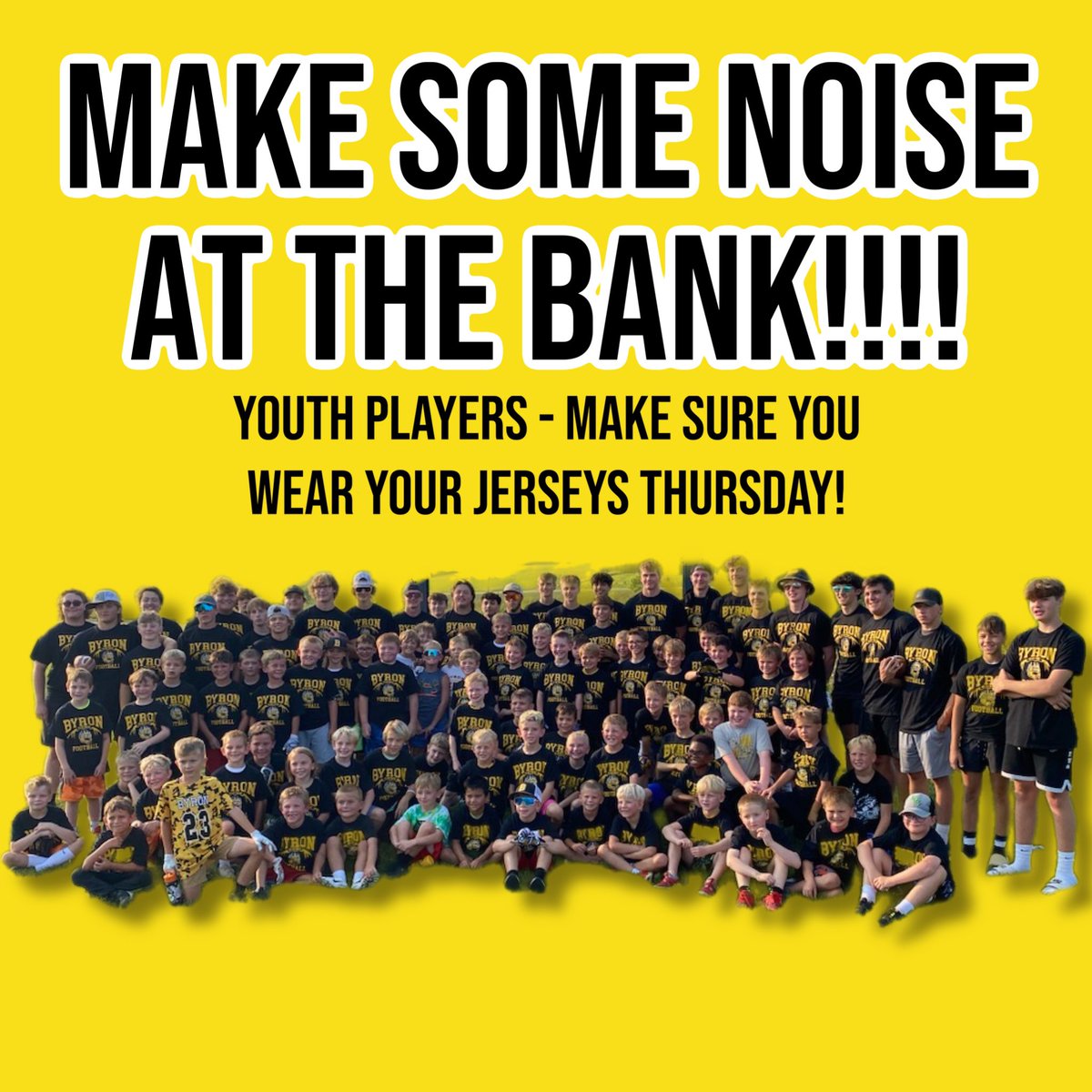 BYFA_ByronMN's tweet photo. The @ByronMNFootball team is headed to the Bank! Letβs cheer them on - make sure you wear your jerseys on Thursday! #byronmnfootball #BYFA https://t.co/YUm7lCVewh