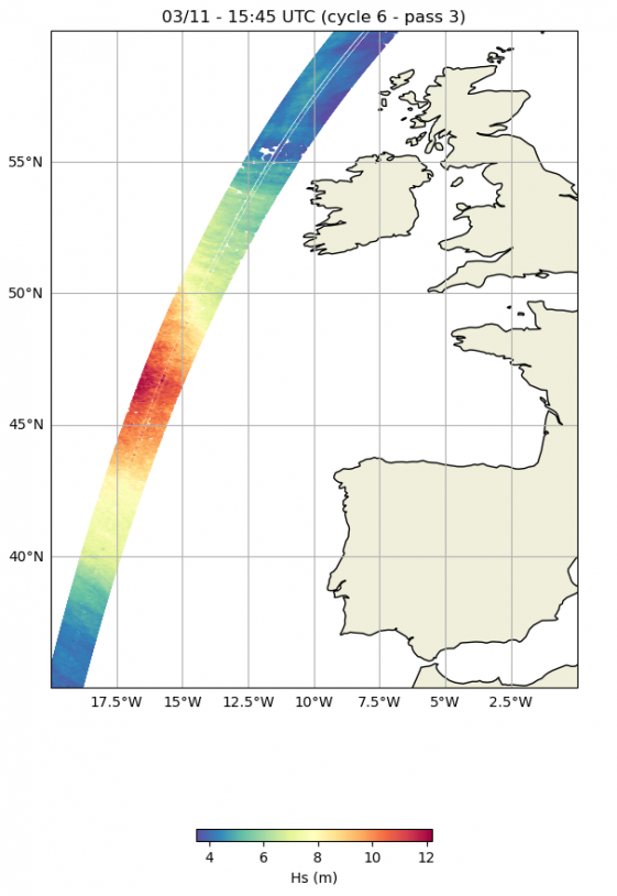 CNES's tweet photo. Début novembre, nos satellites CFOSAT et SWOT ont observé les effets des tempêtes Ciaran et Domingos lors de leur passage au large de l’océan Atlantique et sur les côtes françaises. https://t.co/mhB7RwiHTs
