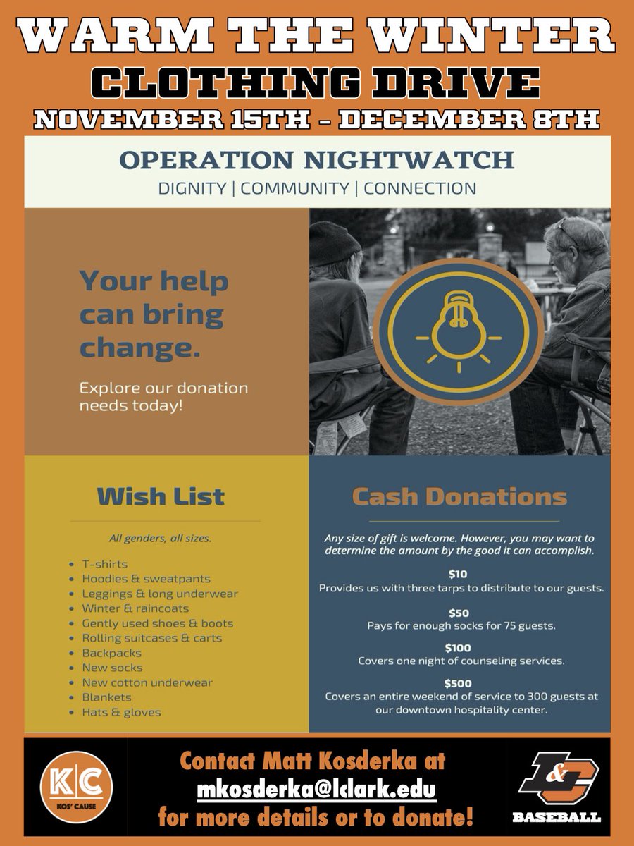 We are very excited to announce the beginning of our 3rd annual “Warm The Winter” clothing drive to benefit <a href="/Nightwatch/">Operation Nightwatch</a>!  Let’s make a much needed difference Pio Nation!  Please contact Coach Kosderka with any questions or donations at mkosderka@lclark.edu.