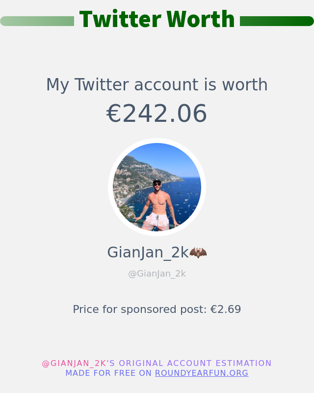 GianJan_2k's tweet photo. Il valore del mio Twitter è di: €242.06

➡️ https://t.co/cUFvUsp5pM https://t.co/edcYtBr5bv