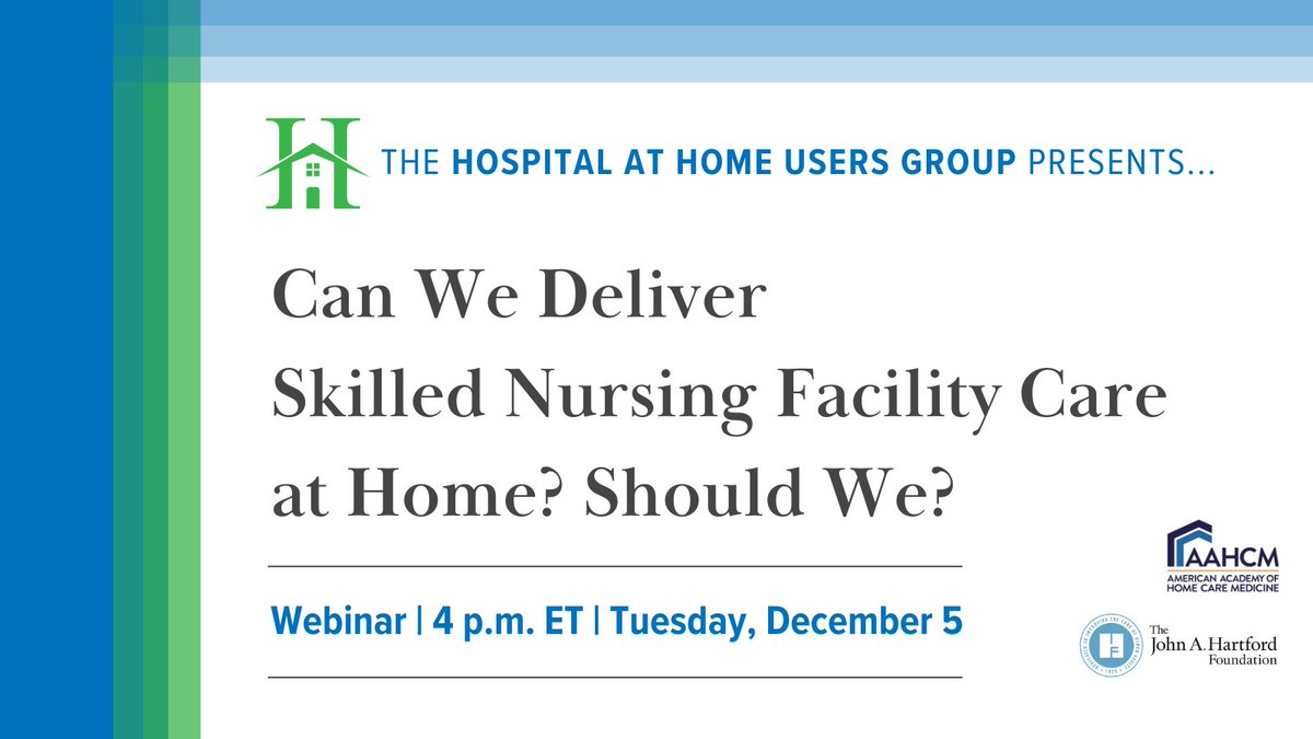 Hospital at Home Users Group (@hahusersgroup) on Twitter photo Dec 5 at 4PM ET—mark your calendars for our next webinar, CAN WE DELIVER SKILLED NURSING FACILITY CARE AT HOME? SHOULD WE? Speakers from <a href="/ClevelandClinic/">Cleveland Clinic</a> <a href="/AllinaHealth/">Allina Health</a> discuss the development of SNF/rehab@home as adjuncts to their #hah programs. Register tinyurl.com/26k2tx22 Dec 5 at 4PM ET—mark your calendars for our next webinar, CAN WE DELIVER SKILLED NURSING FACILITY CARE AT HOME? SHOULD WE? Speakers from <a href="/ClevelandClinic/">Cleveland Clinic</a> <a href="/AllinaHealth/">Allina Health</a> discuss the development of SNF/rehab@home as adjuncts to their #hah programs. Register tinyurl.com/26k2tx22