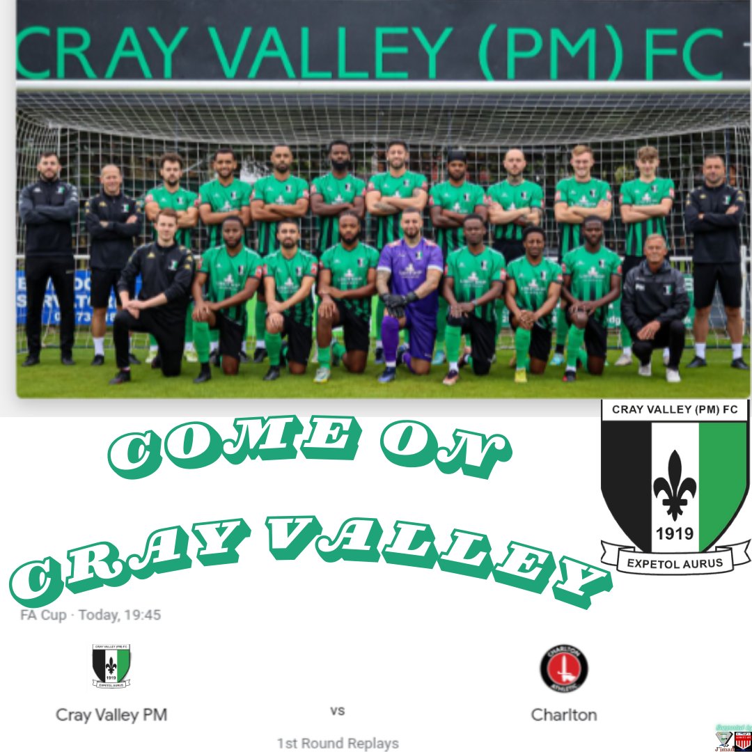 Come on <a href="/CrayValleyPM/">Cray Valley (PM) FC</a> doing it for grassroots v <a href="/CAFCofficial/">Charlton Athletic FC</a> in the <a href="/TheFACup/">The Emirates FA Cup</a>  1st round (replay) tonight 💪🏿⚽👊🏿