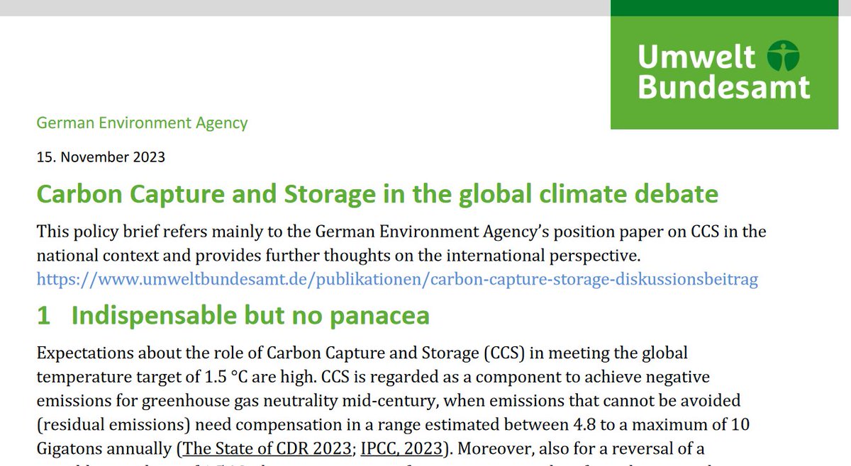 Ahead of COP28, the German Environment Agency (@Umweltbundesamt) has published its position on CCS in the global climate debate. In the past, the UBA has been very critical of CCS, now it communicates a framing of 'indispensable but no panacea' umweltbundesamt.de/sites/default/…
