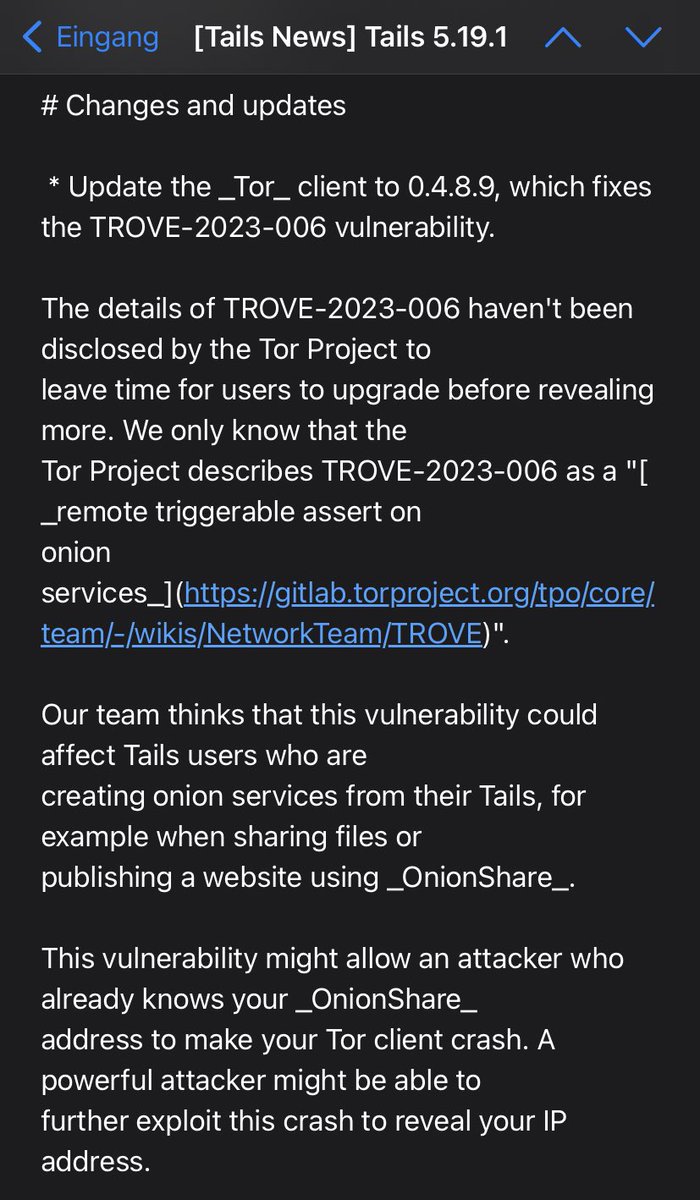 ⚠️ Journalists working with #Tor, #Tails and #OnionShare should *immediately* update their software as there’s a critical vulnerability. This might also affect the whistleblowing software #SecureDrop 👇🏻