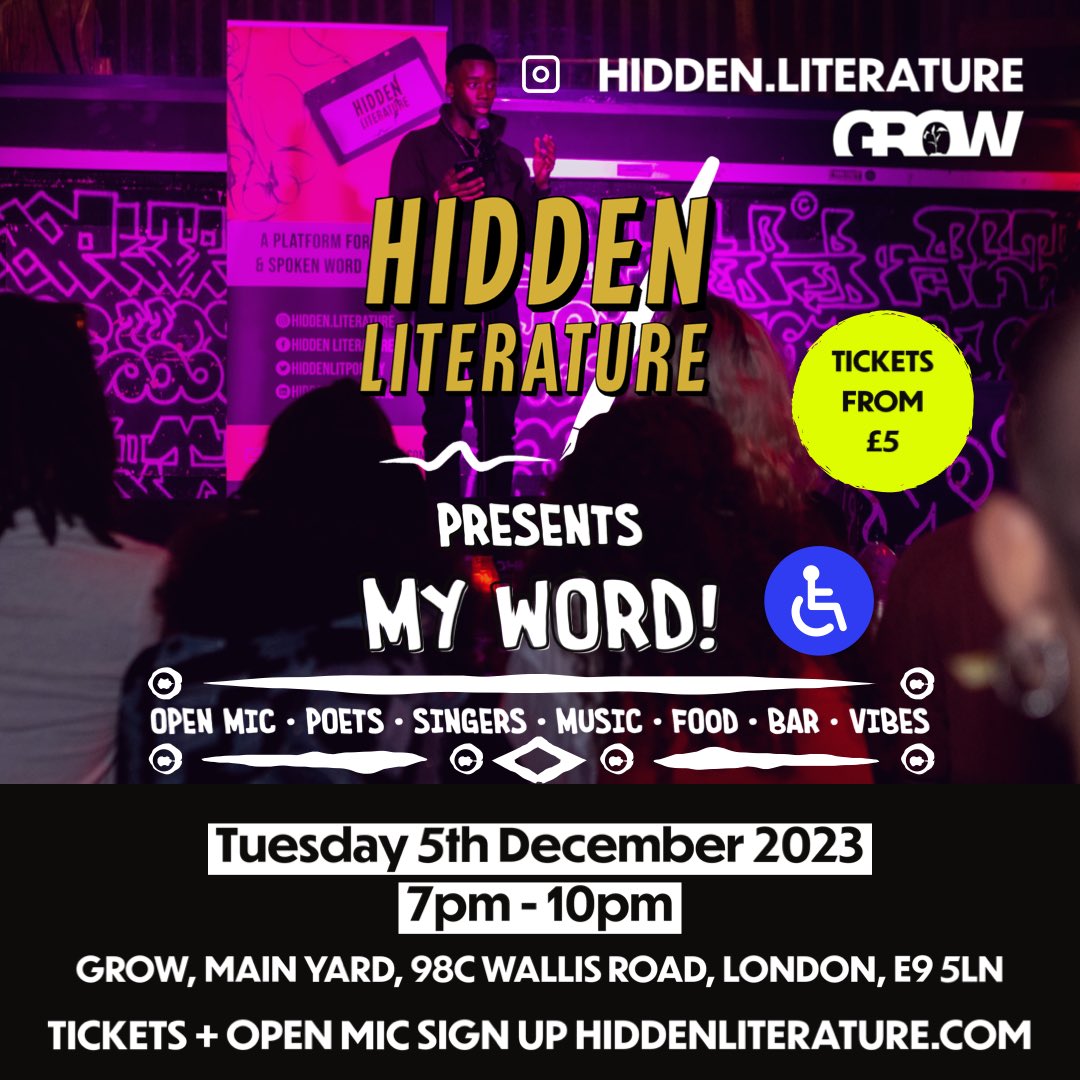 Join us for our last show of the year 😱 🎉 Tuesday 5th December 2023 Tickets + sign up for open mic on our website! hiddenliterature.com 💛✨ The venue is accessible ♿️ Host: @OVYUKI_ Venue: @GrowHackney #openmic #openmiclondon #london #livemusiclondon