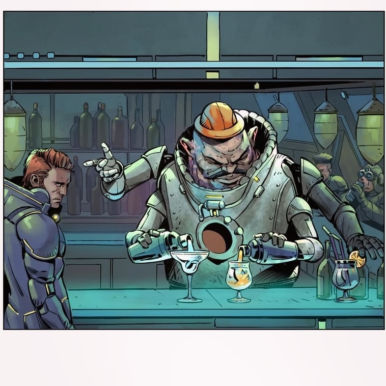 Scene in the smugglers' bar.  What cocktail do you prefer?

#AlexExMakarov #comicsartist #comics #bartender #bar #coctails #scificomics #cyberpunk #nicemoments #comicsart  #retrofuturism