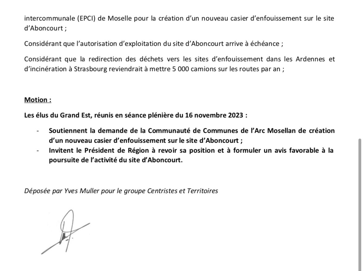 🟢 [ Séance plénière du Conseil Régional #grandest ]

Demain, Yves Muller déposera au nom de notre groupe une Motion de soutien au site d’enfouissement d’Aboncourt ⤵️ 

#SPNov23