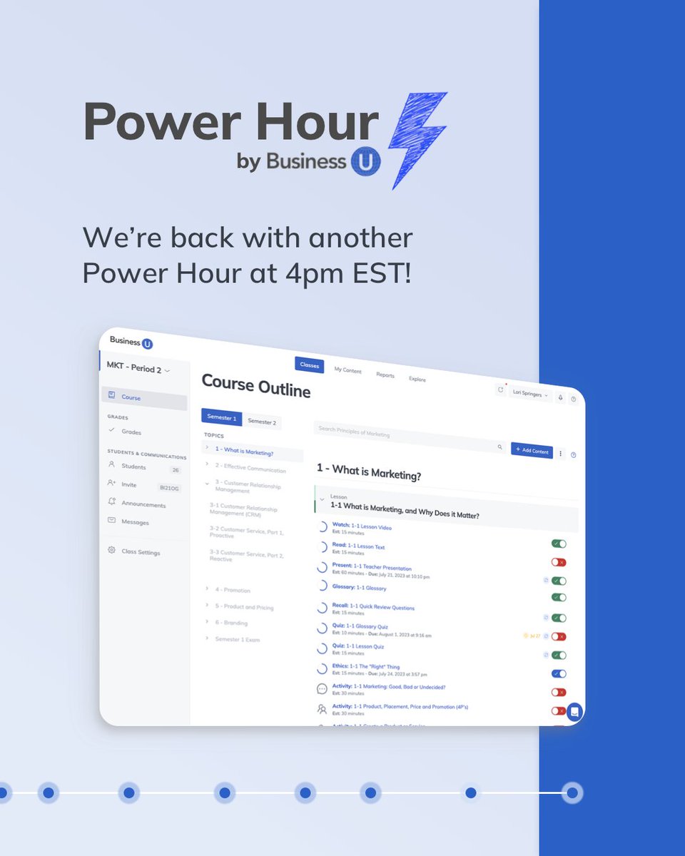 StukentCTE's tweet photo. Power up your BusinessU skills in today’s ⚡Power Hour session. Join our Zoom at 4 pm EST using the link in our bio!

#businessu #teachertraining #edtech #cte #businesscourses #highschoolteachers https://t.co/Q9q05cKhTH