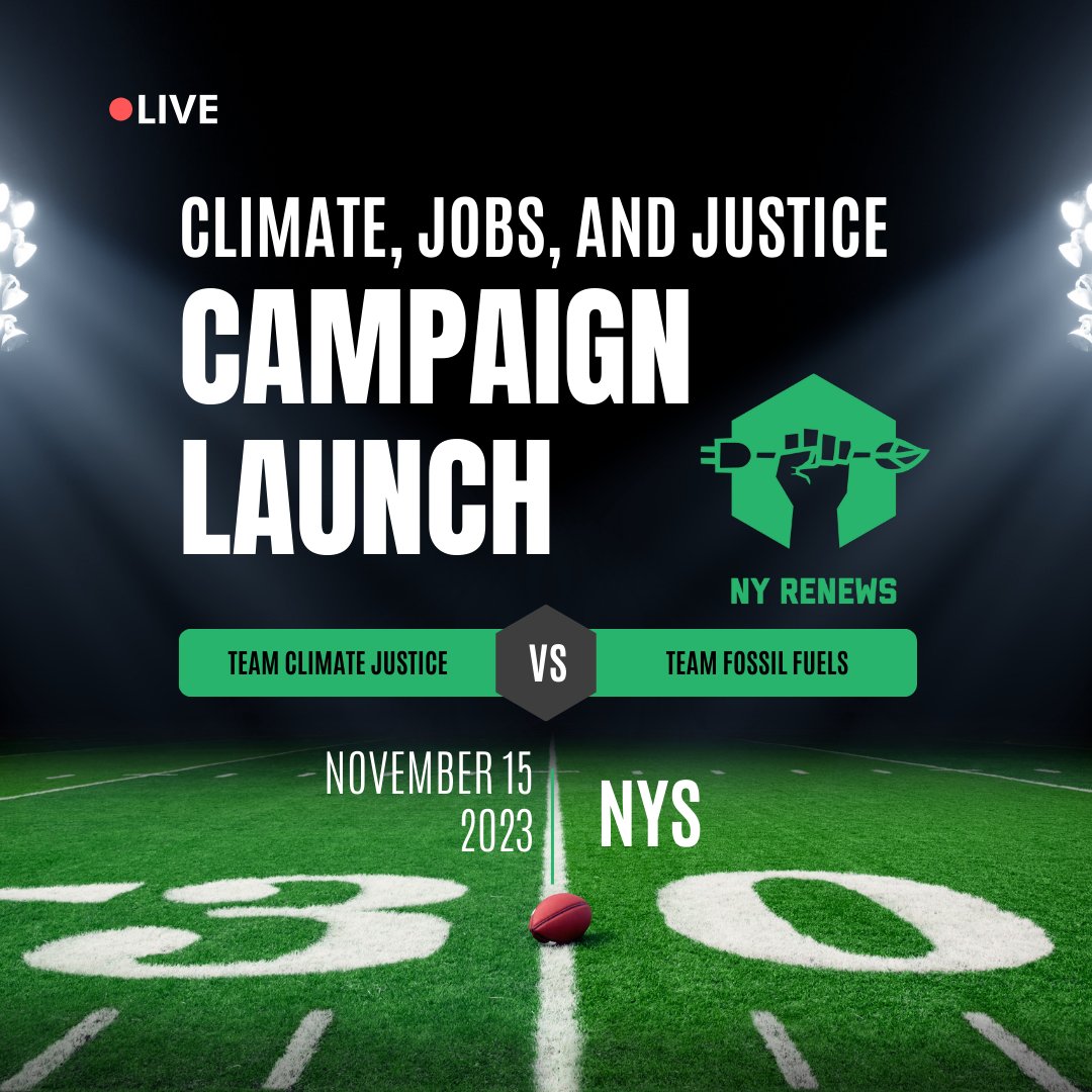 The NYS climate movement has a winning vision 🏆Green union jobs, clean air, lower utility costs, and real community-led climate justice solutions. To win, we need a strong team. Join @nyrenews 11/15, 4pm, for the #ClimateJobsJustice campaign launch! RSVP: bit.ly/CJJPLaunch