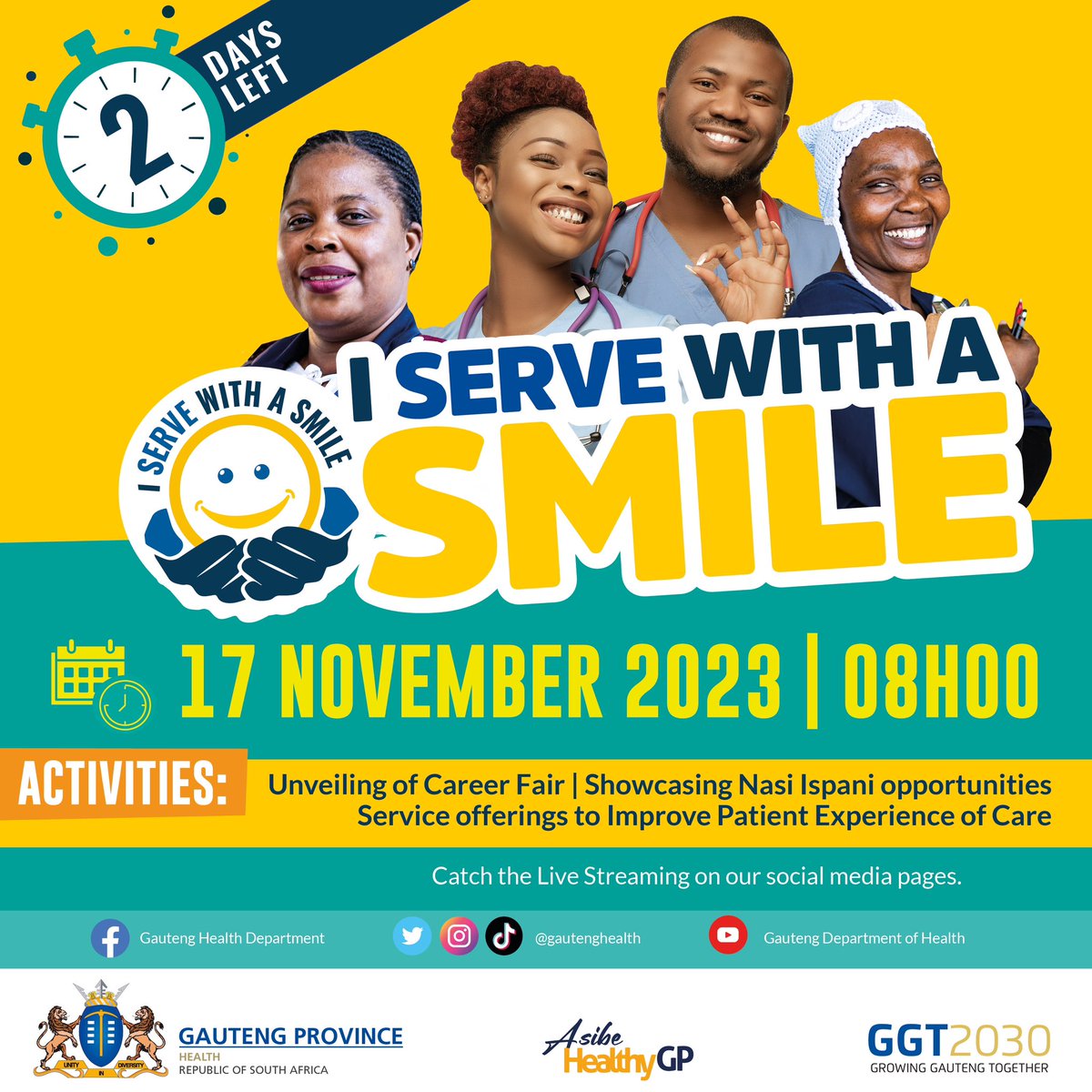 Gauteng, there’s only 2 days left until the launch of #IServeWithASmile campaign which aims to encourage every healthcare worker to approach their work with enthusiasm, empathy and a friendly demeanour #AsibeHealthyGP