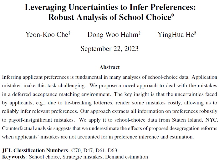 🛑JMP Thread🛑

Hello #EconTwitter! I'm an applied micro candidate on the 2023-24 #EconJobMarket!

My JMP (w/ Yeon-Koo Che and @YingHuaHe) studies how to infer applicants' true preferences from school-choice data when they may not truthfully report their preferences.