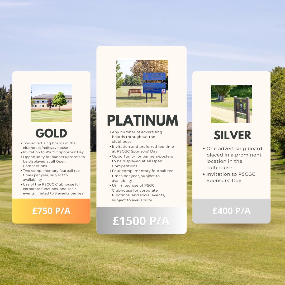 🌟 Ayrshire Businesses: Boost your brand with PSC Sponsorship! Choose from 🥈Silver (£400), 🥇Gold (£750), or 🎖️Platinum (£1500) packages for unparalleled visibility and perks at PSC. Call David to join our prestigious golf club family! 🏌️#PSCSponsorship #BoostYourBrand #Ayrshire