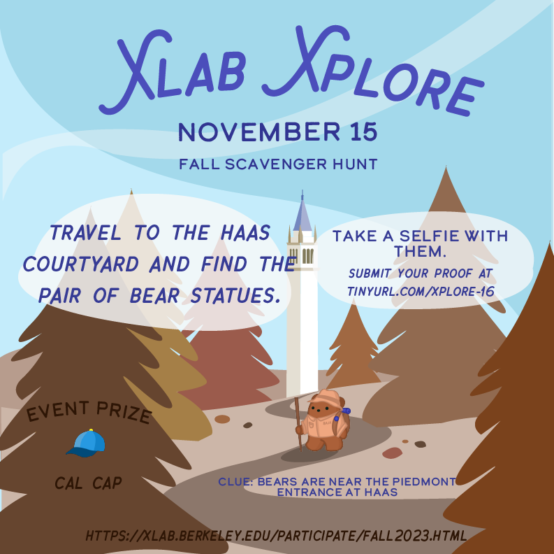 XlabAtBerkeley's tweet image. Rise and shine! We're almost at the end of our hunt. These final tasks are sure to make Xavier proud. You must complete and submit proof tomorrow (11/16) by 11:59PM to be eligible to win a prize! Good luck and stay adventurous!