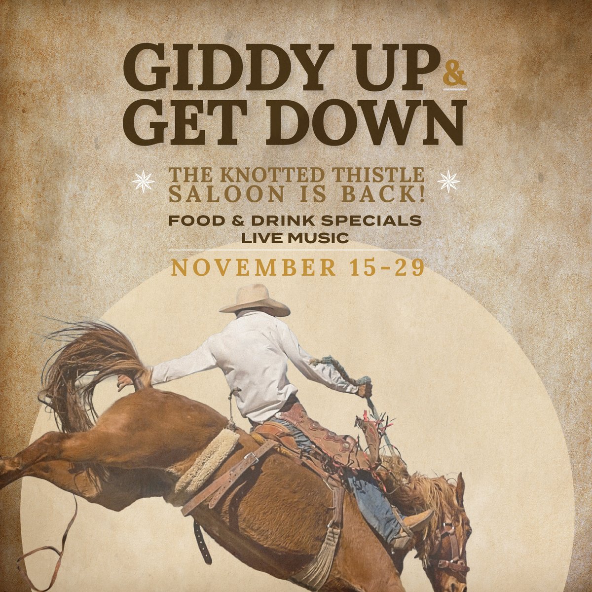 Welcome to The Knotted Thistle Saloon 🤠 we're ready to take you on a wild ride through the heart of the west during the CWA! Saddle up for an unforgettable experience, with live music, food specials, a stamp in your passport for a chance at the Saloon Series Grand Prize! 🐮