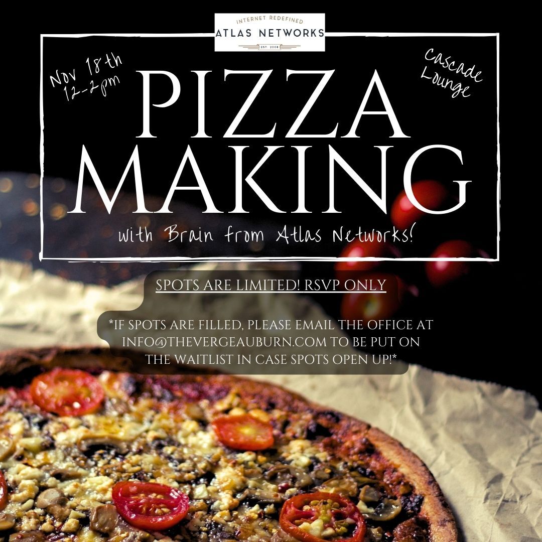 We have a few spots open for our pizza making event! Please comment or email info@thevergeauburn.com to RSVP. If the RSVP becomes full, we will put you on the waitlist! 🍕

#TheVergeAuburn #PizzaMaking #ResidentEvents #PizzaToppings #HandmadePizza