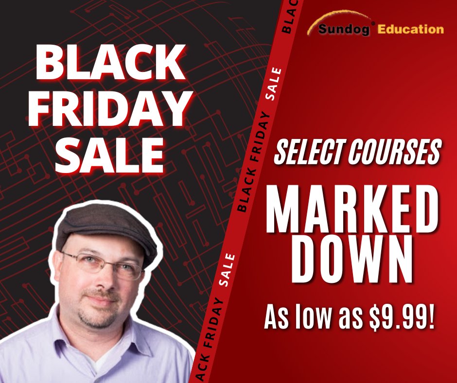 SundogEducation's tweet photo. BLACK FRIDAY SALE🔥
Don’t miss these HUGE savings: https://t.co/XoVhj2KdzI

Select courses are marked down! Take your skills to the next level! Just use code 👉 BLACKFRIDAY23

Sale ends 11/18  @ 9AM EST 

#blackfriday #bigdatalearning #machinelearning https://t.co/vJMZVM7Waf