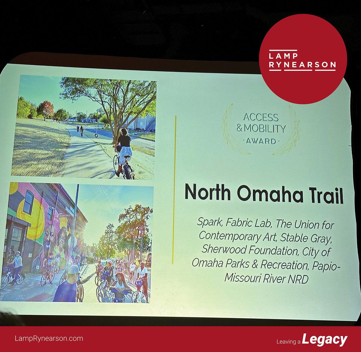 Congrats to the North Omaha Trail Team for their Access &amp; Mobility Award, recognized at Omaha by Design's annual Laurels Awards. Thanks to the team that made this dream project a reality! <a href="/sparkcdi/">Spark CDI</a>, <a href="/theunionomaha/">The UNION</a>, <a href="/stablegray/">Stable Gray</a>, The Sherwood Foundation, <a href="/OmahaParks/">OMAHA PARKS & REC</a> <a href="/PapioNRD/">Papio NRD</a>