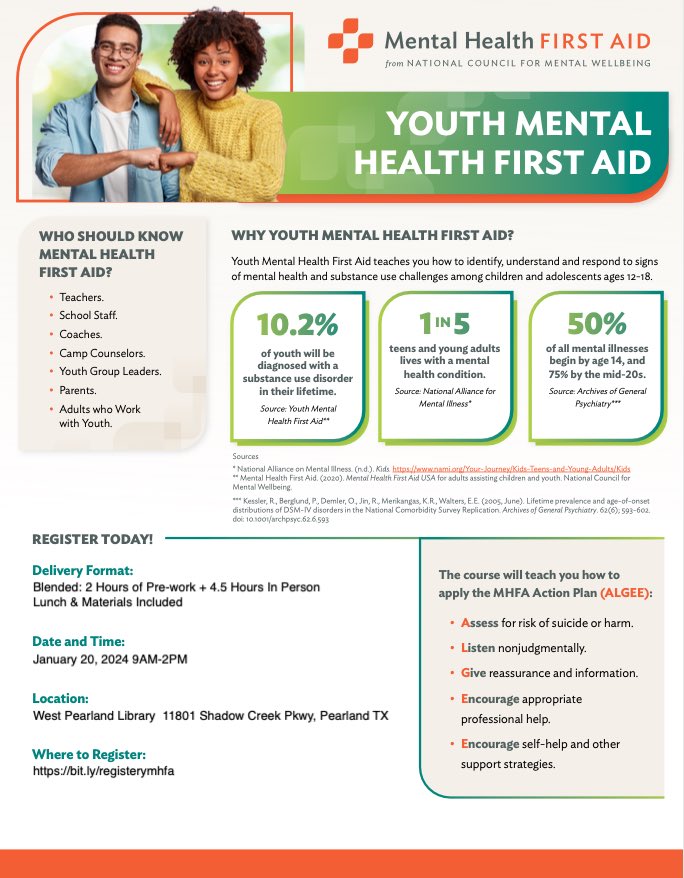 Learning Curve Education, LLC (@learncurveedllc) on Twitter photo Reduce the #mentalhealth stigma by registering for our <a href="/MHFirstAidUSA/">MentalHealthFirstAid</a>
training on 1/20/24 at @PearlandWest by signing up at bit.ly/registerymhfa by 1/1/24. #BeTheDifference Reduce the #mentalhealth stigma by registering for our <a href="/MHFirstAidUSA/">MentalHealthFirstAid</a>
training on 1/20/24 at @PearlandWest by signing up at bit.ly/registerymhfa by 1/1/24. #BeTheDifference
