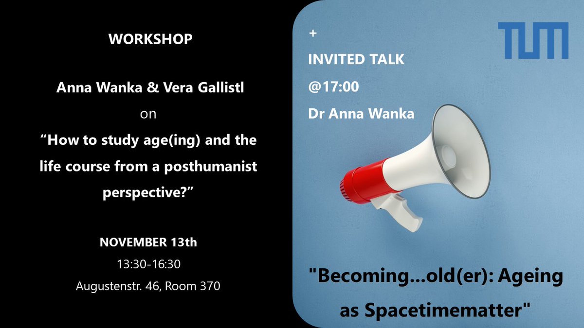 📢 We're very excited to have @WankaAnna and Vera Gallistl at the <a href="/TUM_STS/">TUM Department of Science, Technology & Society</a> on Nov 13th for a workshop and a talk about age(ing)! Check out the program and register for the workshop ➡️eventbrite.com/e/how-to-study… or simply drop by for the talk🙂Feel free to DM for any questions.