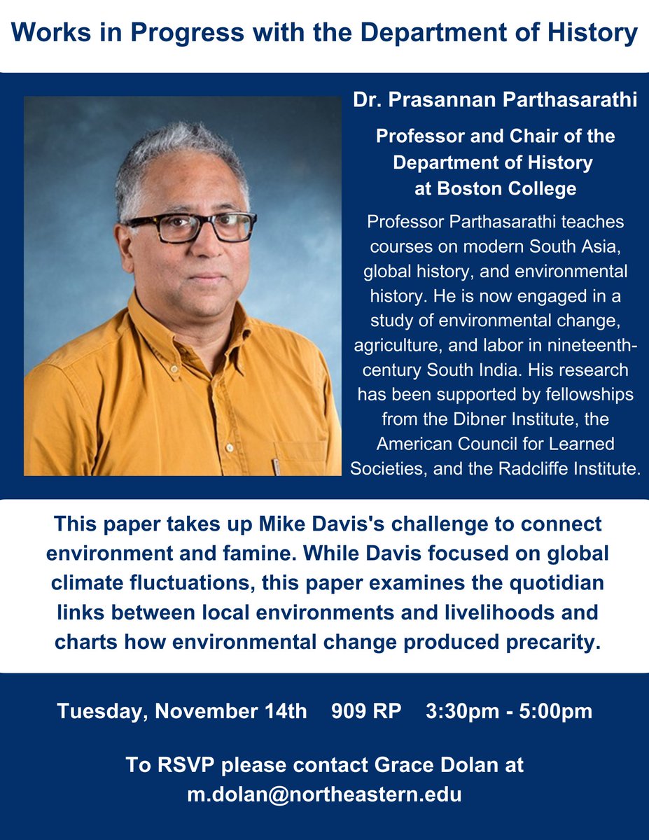 Join us for the last Works in Progress event of the semester! 

Dr. Prasannan Parthasarathi, Professor and Chair of the Department of History at Boston College, presents on Tuesday, November 14th in 909 RP at 3:30pm.

Details are below. We hope to see you there!