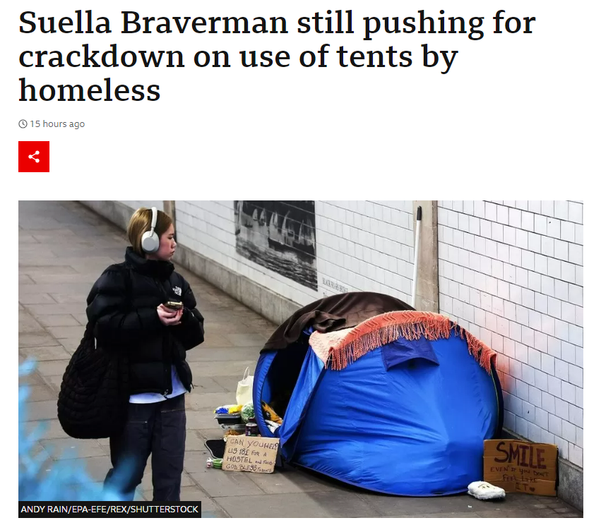 Punishing people for sleeping rough is inhumane and doesn't help any of us. 

According to this <a href="/BBCNews/">BBC News (UK)</a> report a source close to the Home Secretary <a href="/SuellaBraverman/">Suella Braverman</a> is insisting that plans to criminalise the use of tents by people sleeping rough have not been dropped. [1/10]