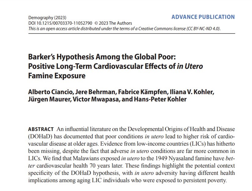 Demography Journal (@readdemography) on Twitter photo “Barker’s Hypothesis Among the Global Poor,” by <a href="/CiancioAlberto/">Alberto Ciancio</a> et al., is one of the first studies to document “a positive effect of in utero adversity on later-life cardiovascular health…consistent w/ epigenetic causes of disease.” <a href="/UofGAsbs/">UofG ASBS uofgasbs.bsky.social</a> <a href="/PennPSC/">PennPSC</a>
ow.ly/ii4S50Q5vHt “Barker’s Hypothesis Among the Global Poor,” by <a href="/CiancioAlberto/">Alberto Ciancio</a> et al., is one of the first studies to document “a positive effect of in utero adversity on later-life cardiovascular health…consistent w/ epigenetic causes of disease.” <a href="/UofGAsbs/">UofG ASBS uofgasbs.bsky.social</a> <a href="/PennPSC/">PennPSC</a>
ow.ly/ii4S50Q5vHt