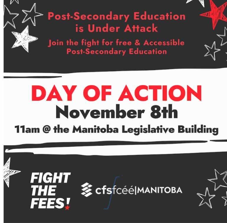 Today is the Day of Action for free and accessible post-secondary education. Join at 11 a.m. at the MB Legislature.