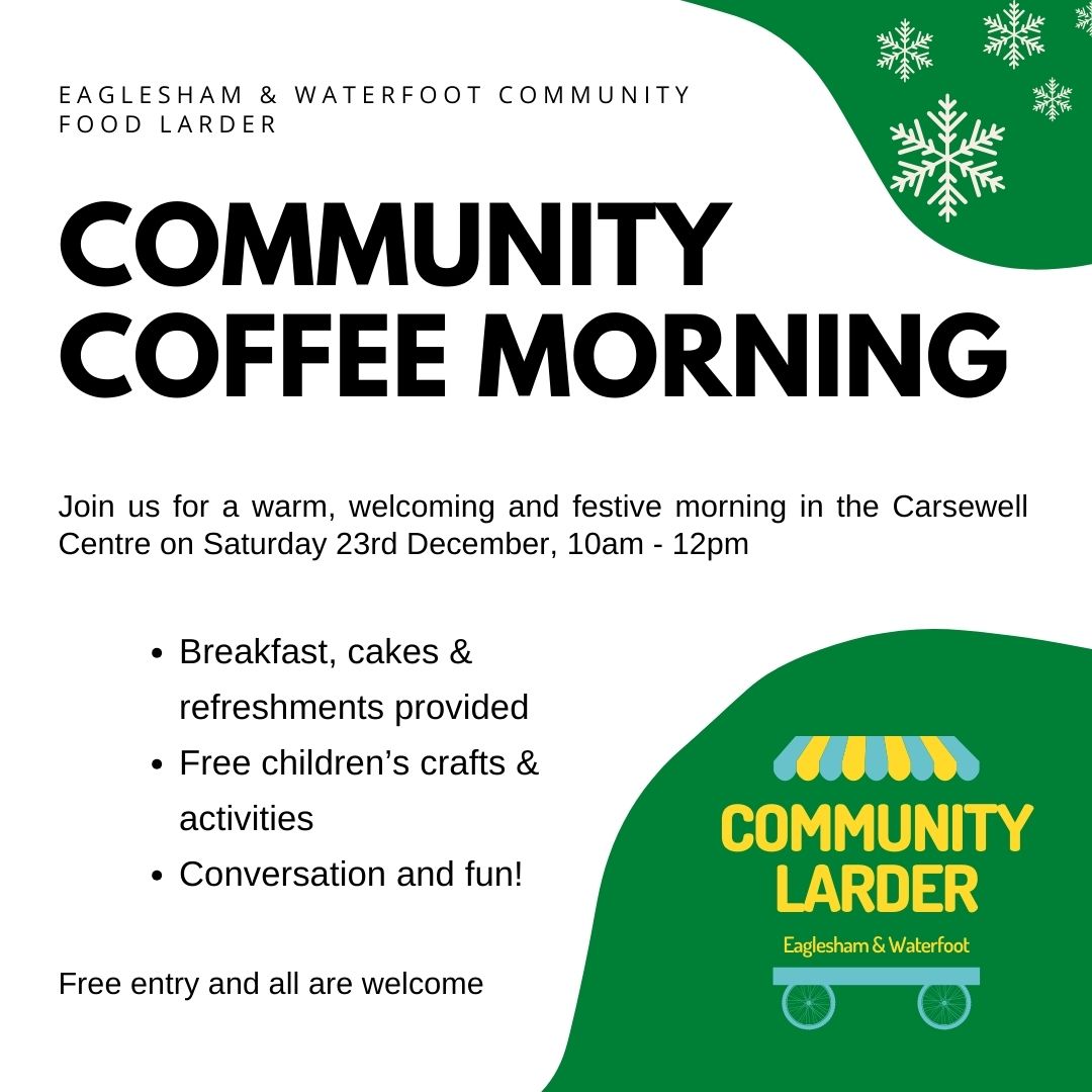 WhatsOnEastRen's tweet photo. Join Eaglesham &amp; Waterfoot Community Larder for a warm, welcoming and festive morning in The Carswell Centre on Saturday 23rd December!

𝗙𝗶𝗻𝗱 𝗼𝘂𝘁 𝗺𝗼𝗿𝗲: https://t.co/G6V73MgyXr https://t.co/k6dYJ8EPwq