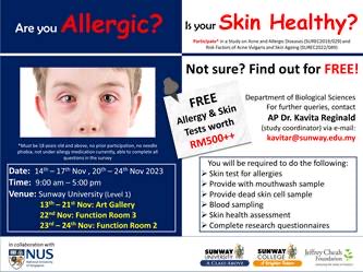 Any Allergy &amp;/or Acne issues? Come join the @sunwayu research study &amp; get this RM500 test for free w/ added bonus of free acne status assessments too. The study runs fr 14-24 Nov &amp; is open to all who are 18yo &amp; above. Check poster for details:
