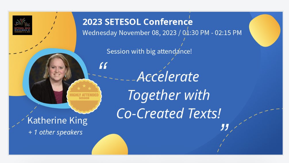 KatherineAKing1's tweet photo. I am excited to collaborate today with @DaniZimmerman44 to present: “Accelerate Together with Co-Created Texts!” at 1:30pm in Windsor B @CarolinaTesol2023
Join us to explore ways to support #MLs to achieve academic success!
@gcschools 
@TanyaFrancaESOL 
#AccelerateTogether #TESOL https://t.co/TIPdbvsjn1