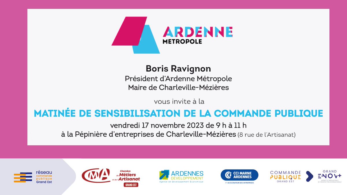 Ardenne Métropole organise une matinée de présentation de ses marchés, de ses projets d’investissement et de sa stratégie d’achats responsables le 17/11 à #CharlevilleMézières

👉 commandepublique-grandest.fr/evenement/mati…

#marchéspublics #commandepublique #appelsdoffres #acheteurspublics