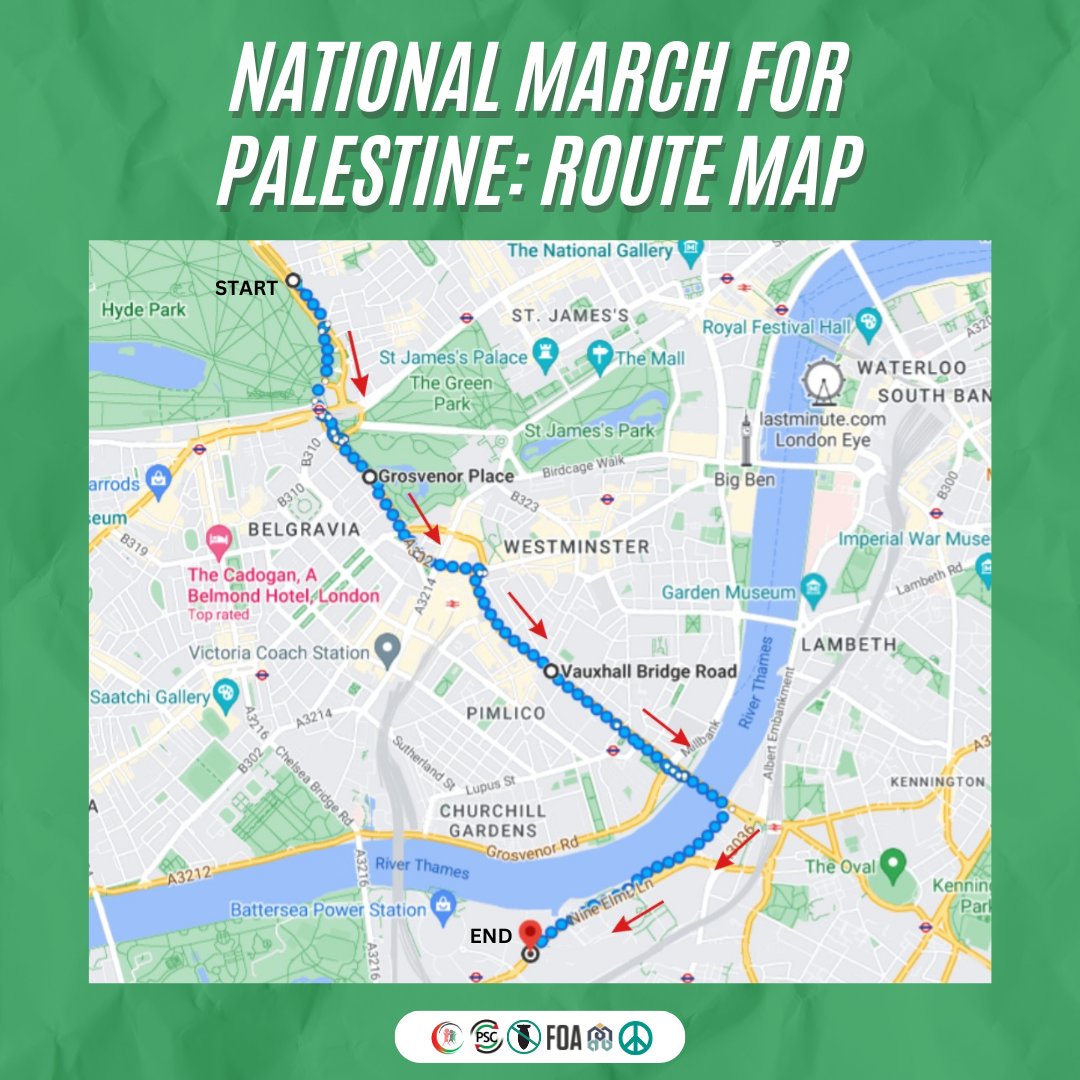 🚨The route for this Saturday's Ceasefire Now March for Palestine has now been confirmed. 🇵🇸 It will be assembling on the east side of Park Lane at 12 noon, 11 November, and marching across Vauxhall Bridge to the US embassy in Nine Elms Lane. #CeasefireNOW #FreePalestine