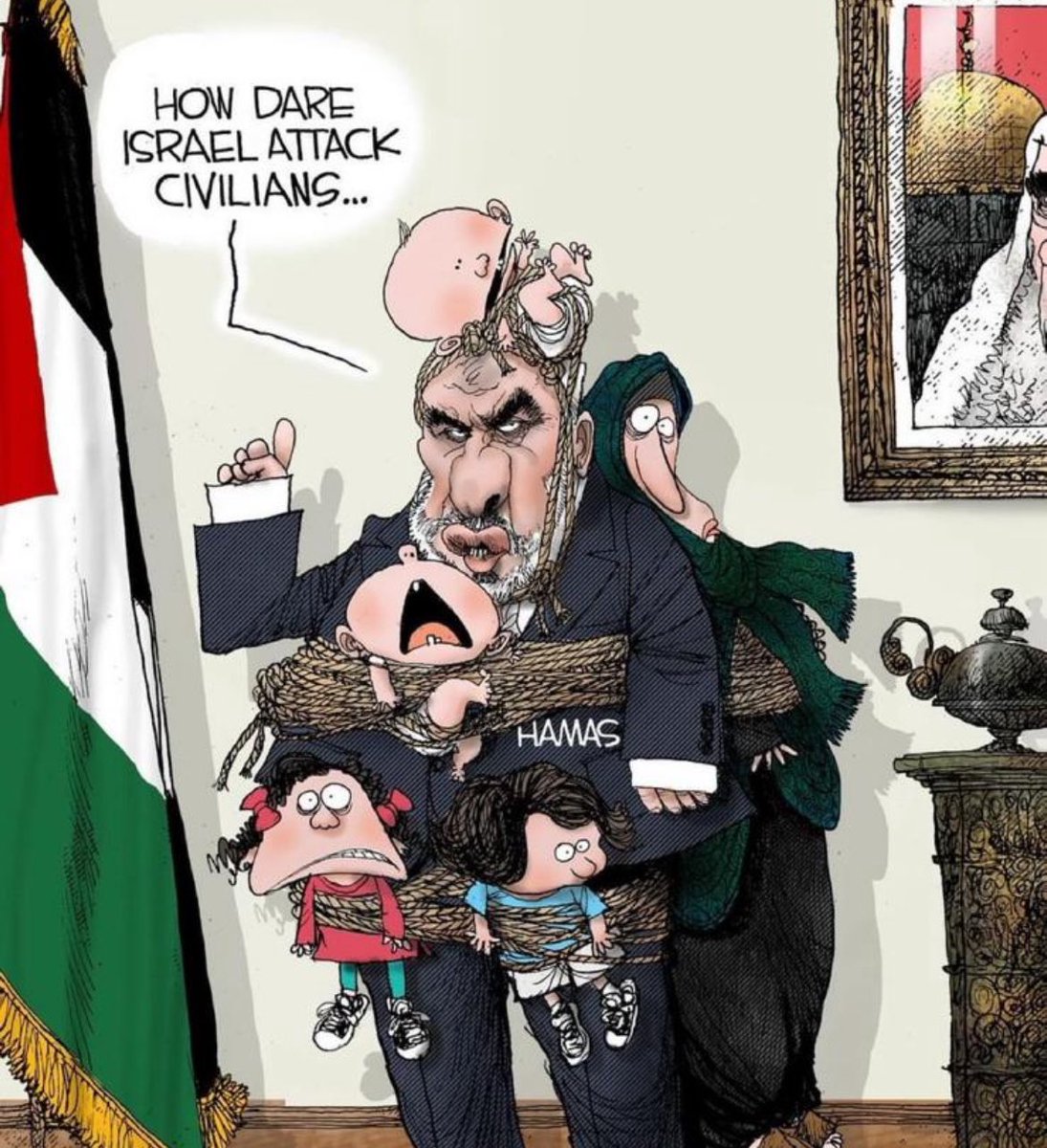 It’s 2023 and this is a cartoon that the @washingtonpost decided was fit for print. It includes a portrait of the angry brown man (complete with a big nose), the ugly veiled docile Arab woman, and of course both the kids and the woman are being used as human shields.