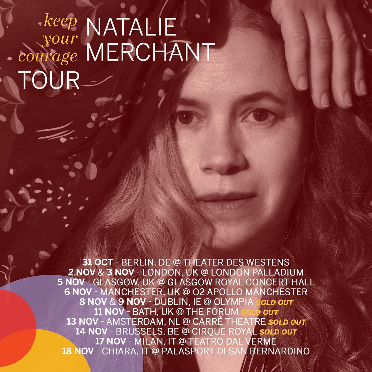 Irish pals - sadly my friend Emma has had to pull out so I still have a spare ticket for this gig. I'll do a re-sell tomorrow if no-one fancies it but.. anyone fancy joining me for Natalie Merchant at Olympia on Thurs (9th Nov) evening? Fully seated &amp; they're good seats!... Bx