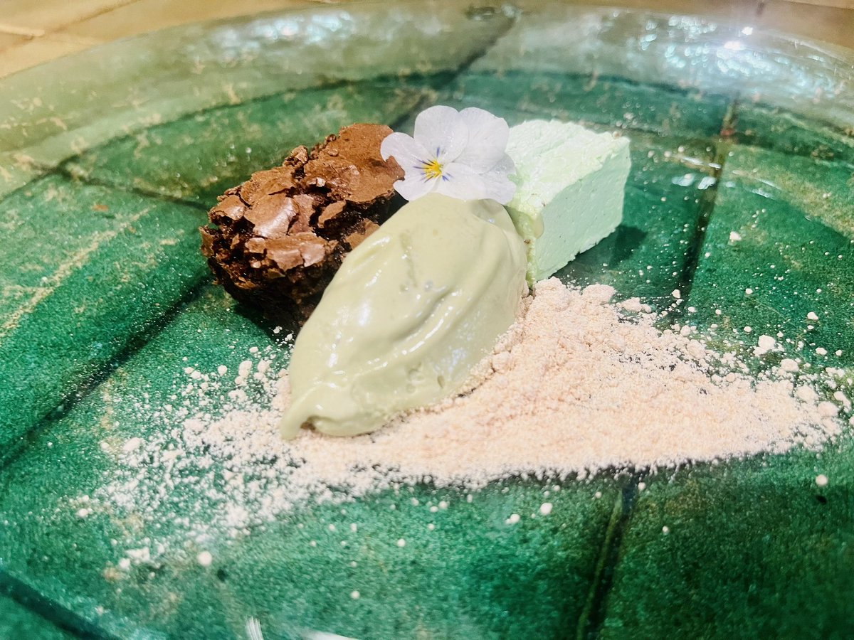 “Aero” pre desert.  Clotted cream mint ice cream, homemade mint marshmallow, raspberry fudge brownie, white chocolate snow.