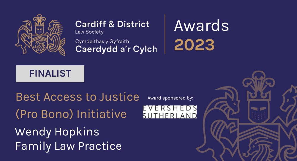 Our team has also been named as a finalist in the 'Best Access to Justice (#ProBono) Initiative' category at the upcoming <a href="/CardiffLawSoc/">Cardiff Law Society</a> Awards.

We are proud to be finalists in 2 of the 3 categories at this event. Wish us luck! 🤞 

#legalcardiff #familylaw