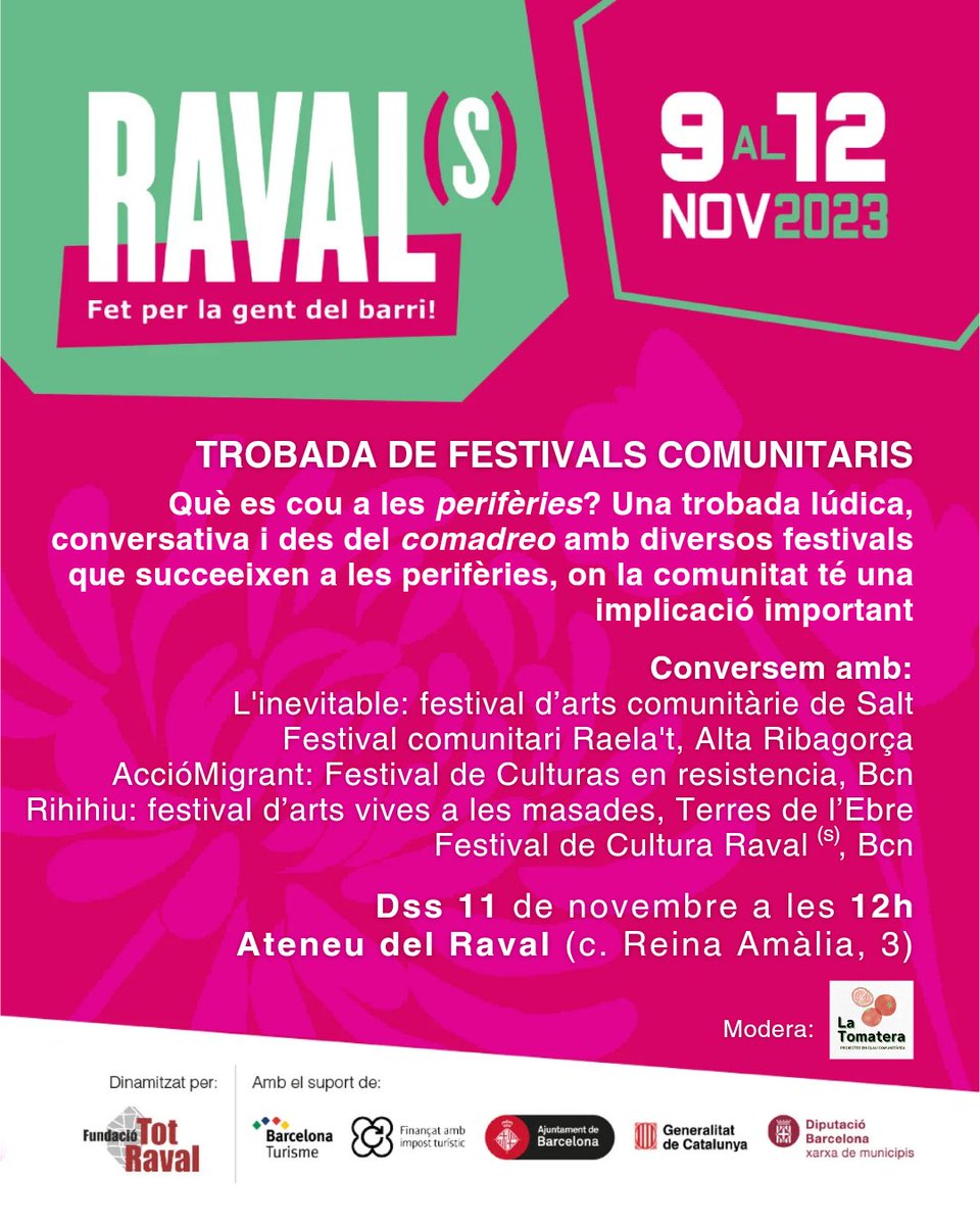 Fes! Cultura (@fes_cultura) on Twitter photo Aquest dissabte, participem en aquesta trobada de #festivalscomunitarisdel #territori en el marc del #festival #ravals23. Veniu, veniu!
c. Reina Amàlia, 3 #rihihiu #raval @totraval i @tomateracultura <a href="/AteneudelRaval/">Ateneu del Raval 🇵🇸 ✊🏾💜🔥🏳️🌈🏳️⚧️🔻</a> Aquest dissabte, participem en aquesta trobada de #festivalscomunitarisdel #territori en el marc del #festival #ravals23. Veniu, veniu!
c. Reina Amàlia, 3 #rihihiu #raval @totraval i @tomateracultura <a href="/AteneudelRaval/">Ateneu del Raval 🇵🇸 ✊🏾💜🔥🏳️🌈🏳️⚧️🔻</a>