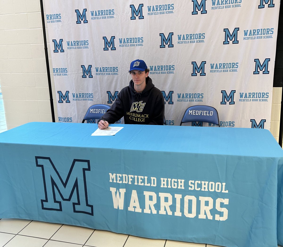 MedHSBaseball's tweet photo. Congratulations to Jack Iovino, who signed his National Letter of Intent to play Baseball at Merrimack next year! The Warriors are getting an outstanding player on both sides of the ball! Well done, Jack! @MedfieldAD @MedfieldHS @MerrimackBSB https://t.co/iFy9oSlt53