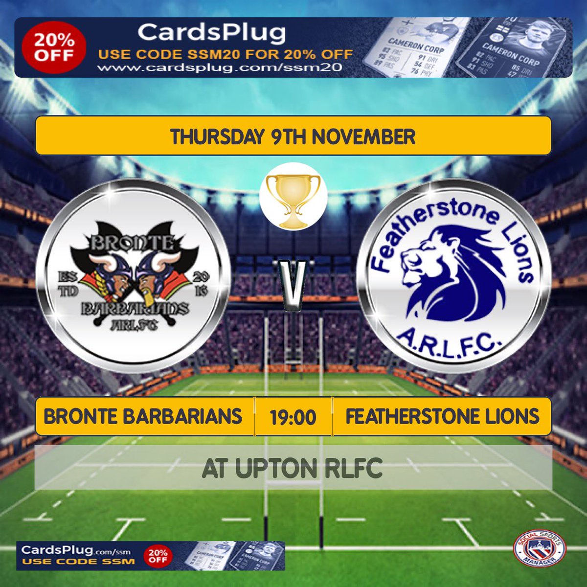 It’s the <a href="/BronteBarbarian/">Bronte Barbarians ARLFC</a> u15’s lads last game of the season in the <a href="/wakefield_ARL/">Wakefield & District ARL</a> Cup vs Divison 1 featherstone Lions.

Should be a brilliant final at <a href="/UptonARLFC/">Upton ARLFC</a> 7pm KO. 

If you’re at a loose end get your coat on and give the lads a shout. 👍 

#WakefieldCup🏆
#Bronte⚫️⚪️