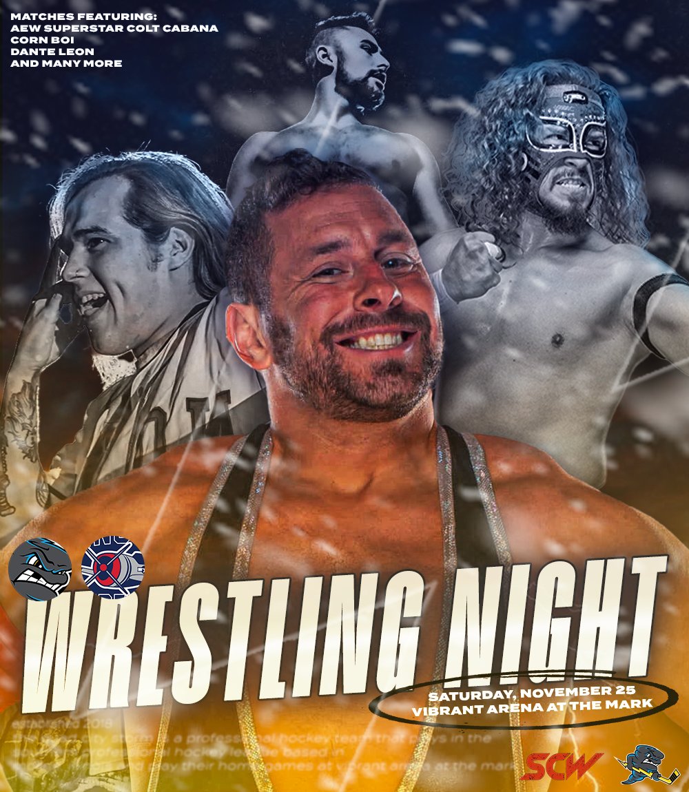 SCWPro's tweet photo. 🚨 BREAKING NEWS 🚨

We're teaming with the @QuadCityStorm for another WRESTLING NIGHT at @VibrantArena on November 25th!

Come see all of your SCWPro favorites, plus our special guest, AEW Superstar @ColtCabana!

Buy a ticket for the game and get wrestling for FREE! https://t.co/PbqZIrykQN