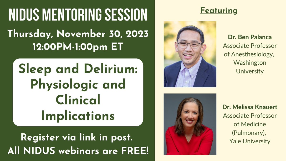NIDUS Delirium Network (@nidus_delirium) on Twitter photo What's the relationship between sleep & #delirium? Hear from <a href="/BenPalanca/">Ben Palanca</a> & <a href="/KnauertMKnauert/">Melissa Knauert</a> on Nov 30. zoom.us/meeting/regist…
<a href="/NIDUS_Delirium/">NIDUS Delirium Network</a> <a href="/sharon_inouye/">Sharon Inouye, MD</a> <a href="/DrDaleNeedham/">Dale Needham, MD, PhD</a> <a href="/rnjma/">Rich Jones @rnjma</a> <a href="/agilis/">Donna Fick, PhD, GCNS-BC, FAAN</a> <a href="/ADAuerbachMD/">Andrew Auerbach</a> <a href="/BusbyWhitehead/">Jan Busby-Whitehead</a> @devlinpharmd <a href="/H_SeniorLife/">Hebrew SeniorLife</a> @elderlifeprog <a href="/AmerDelirium/">American Delirium Society</a> What's the relationship between sleep & #delirium? Hear from <a href="/BenPalanca/">Ben Palanca</a> & <a href="/KnauertMKnauert/">Melissa Knauert</a> on Nov 30. zoom.us/meeting/regist…
<a href="/NIDUS_Delirium/">NIDUS Delirium Network</a> <a href="/sharon_inouye/">Sharon Inouye, MD</a> <a href="/DrDaleNeedham/">Dale Needham, MD, PhD</a> <a href="/rnjma/">Rich Jones @rnjma</a> <a href="/agilis/">Donna Fick, PhD, GCNS-BC, FAAN</a> <a href="/ADAuerbachMD/">Andrew Auerbach</a> <a href="/BusbyWhitehead/">Jan Busby-Whitehead</a> @devlinpharmd <a href="/H_SeniorLife/">Hebrew SeniorLife</a> @elderlifeprog <a href="/AmerDelirium/">American Delirium Society</a>