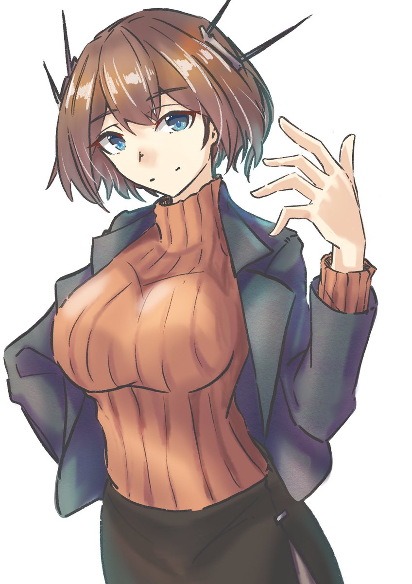 1girl solo sweater brown hair jacket skirt short hair  illustration images