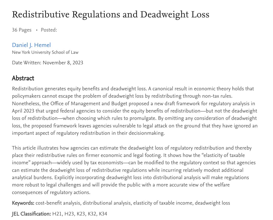 NEW DRAFT: How should agencies account for the deadweight loss of redistribution in regulatory analysis? Here's a simple method based on the elasticity of taxable income, w/important implications for the re-draft of Circular A-4. ssrn.com/abstract=46271…. Comments appreciated!