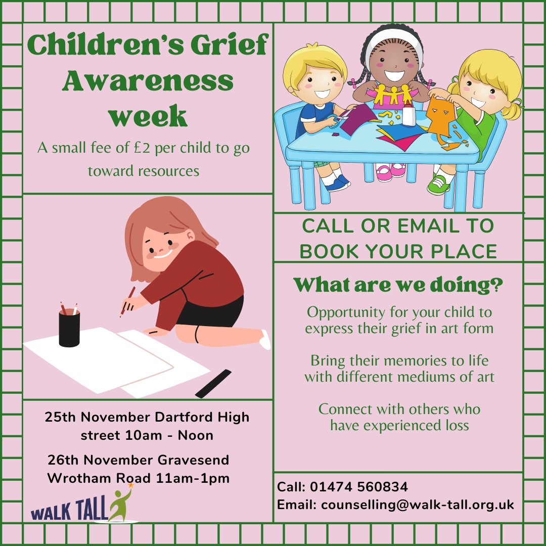 For Children's Grief Awareness week, we are running two work shops this month on the 25th and the 26th. in Dartford and Gravesend - come along
#childrensgriefawareness #childrensgrief #awareness #workshop #dartford #gravesend #gravesham #grief #mentalhealth #mentalhealthmatters